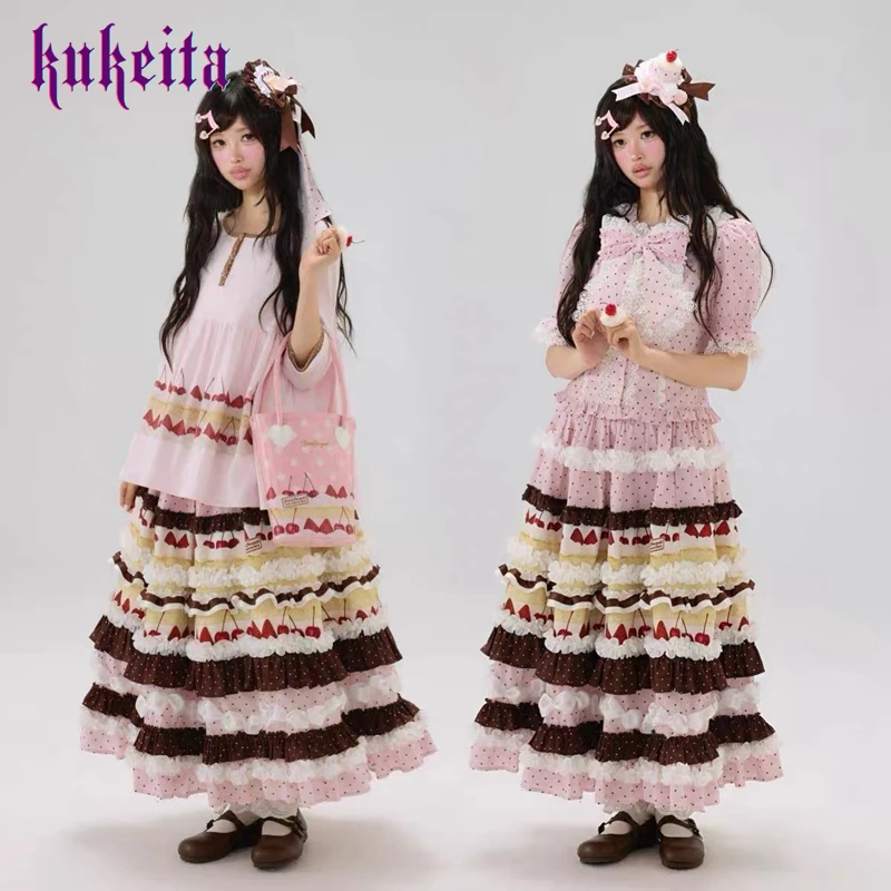 Kukeita Harajuku Lolita Cake Skirt Women Y2K Kawaii Sweet Polka Dot Strawberry Cherry Print Multi-Layer Ruffle Long Maxi Skirts