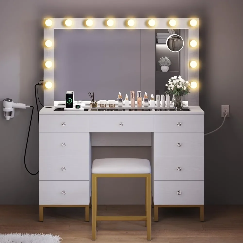 Large Glass Top Vanity Makeup Mirror Desk Crystal Handle 3 Color Lighting Modes 9 Drawers Magnifying Glass White Dresser Table