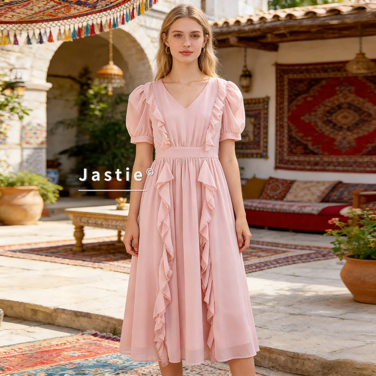 

Винтажное розовое шифоновое платье миди в стиле бохо с рюшами, элегантное женское платье с V-образным вырезом, пышными рукавами, завышенной талией, А-силуэта, для вечеринок, лето 2026, Vestidos