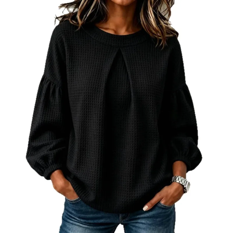 Women Solid Waffle Knit Top Round Neck Lantern Long Sleeve Loose Casual Blouse