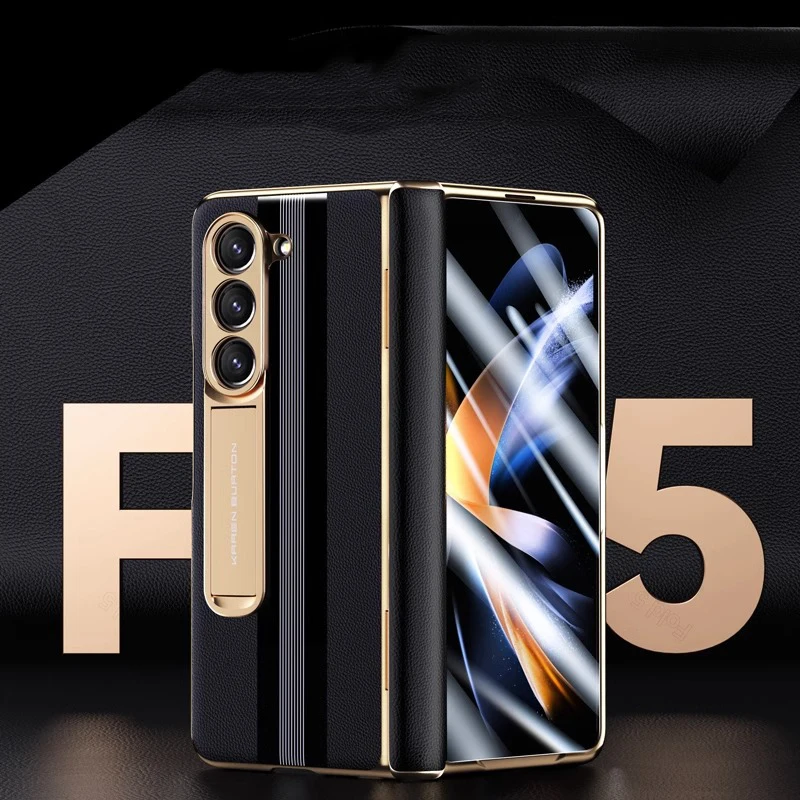 For Samsung Galaxy Z Fold 6 5 Case Hinge Magnetic Plating Genuine Leather Cases Fold 4 3 360 Full Protector Film Kickstand Cover