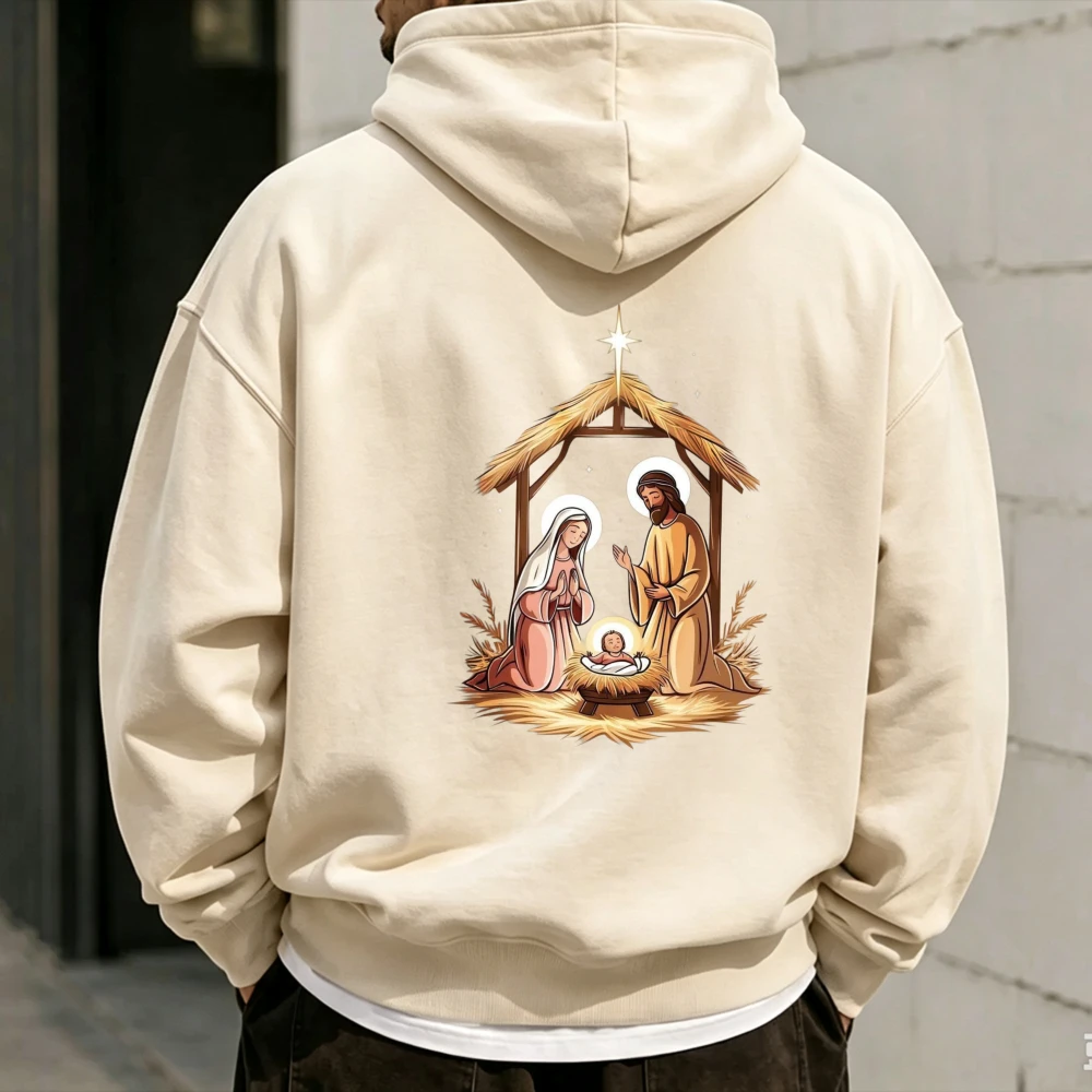 Christian Nativity Hoodie Red Jesus Mary Joseph Star Christmas Religious Graphic Pullover Cozy Unisex Women Fall Winter Top