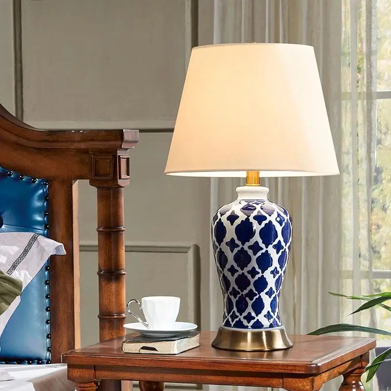 Blue blue and white porcelain ceramic table lamp Bedroom bedside lamp Modern minimalist
