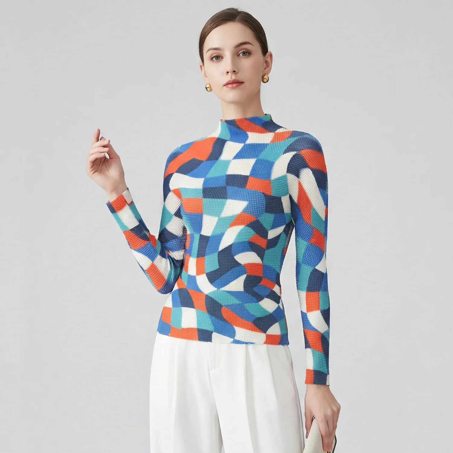 

Miyake Pleated Summer Spring Women's 2026 Printed Elastic Slim Fit and High-end Casual Semi High Neck Long Sleeved Women's Top