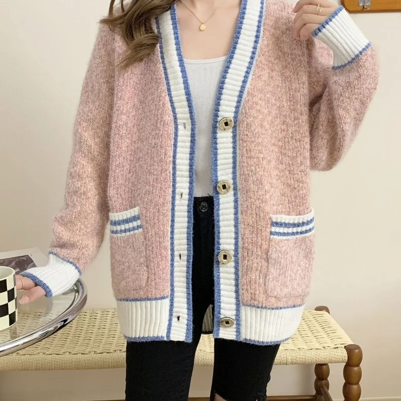 Women\'s V-neck Cardigan Button Striped Pocket Knitted Sweater Autumn and Winter Korean Loose Sweater Long Sleeved Fashion Coat