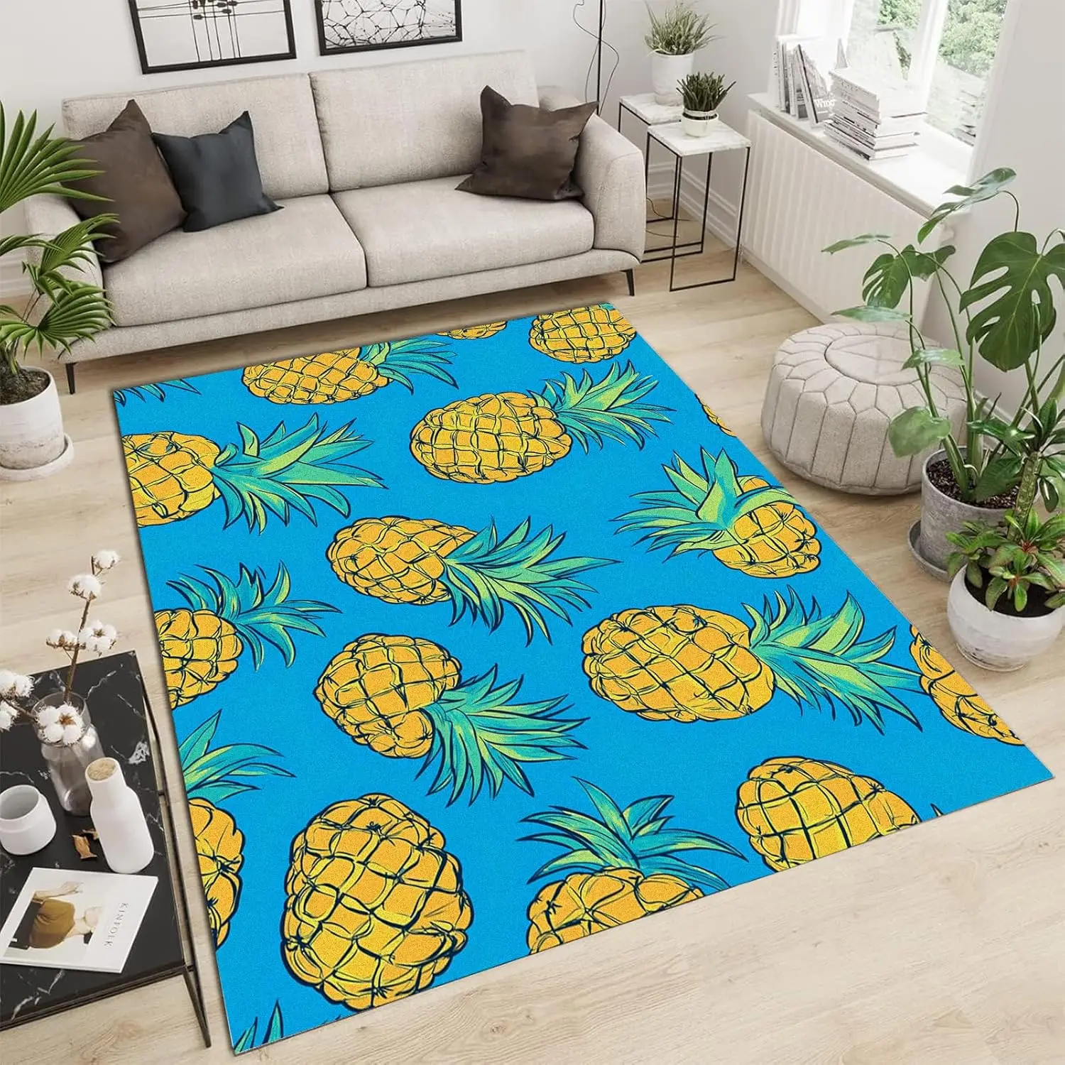 Non Slip Large Rug for Living Room Bedroom Dining Room, Low-Pile Kid Pet Friendly Distressed Carpet Cartoon Fruit Pineapple