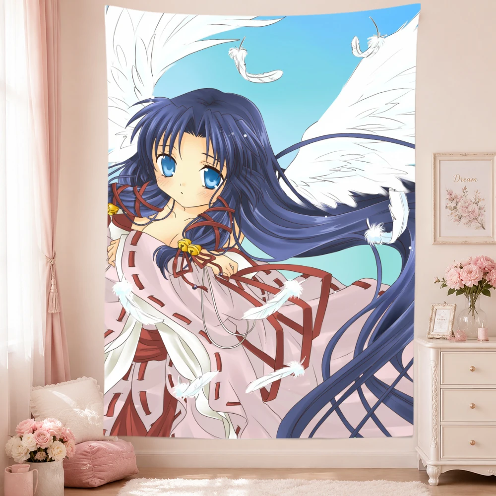 A-Air Anime Tapestry Wall Hanging Angel Wings Shrine Maiden Girl Blue Hair White Feathers Art Bedroom Dorm Home Decor Fans Gifts