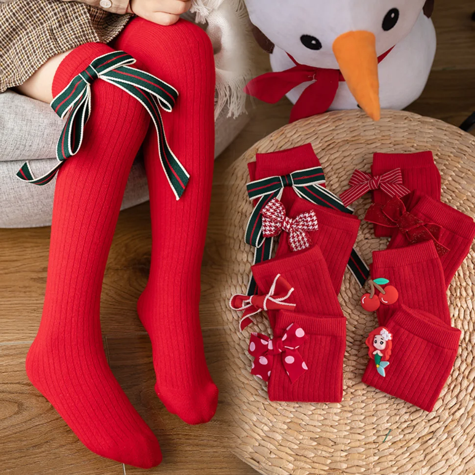 

2022 New Kids Girls Red Knee High Princess Socks With Bows Mermaid For Children Girl Infant Baby Cotton Long Tube Sock Christmas