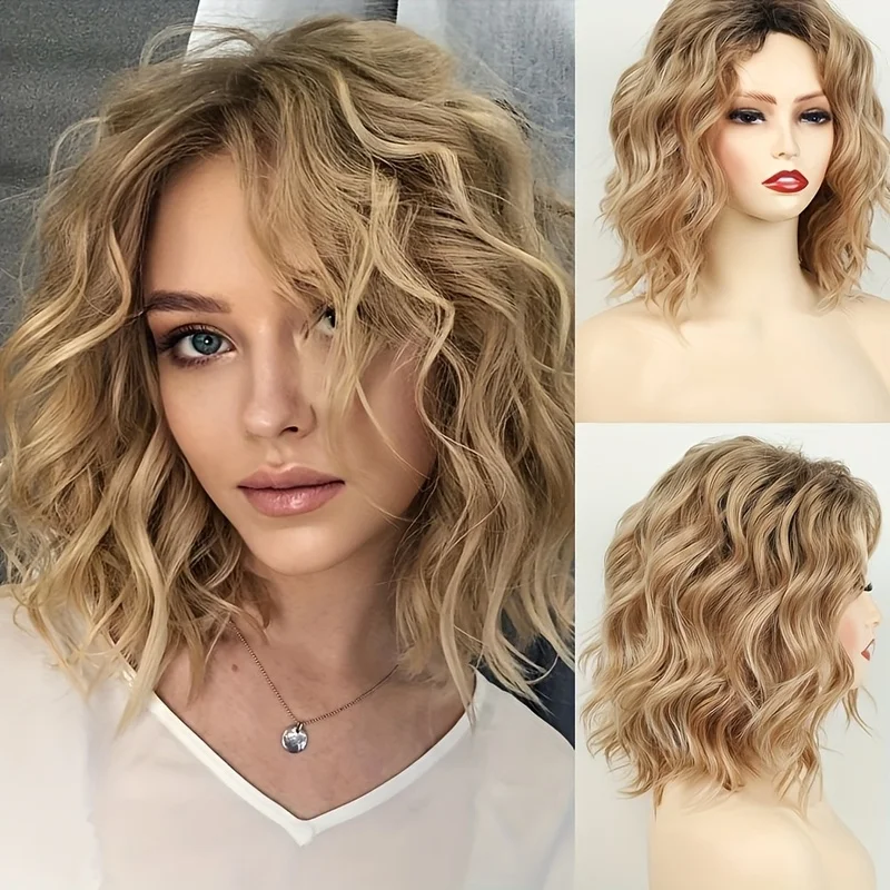 14INCH Women'S Short Curly Wig, Fashionable Ombre Golden Top, Heat Resistant High Density Polyester
