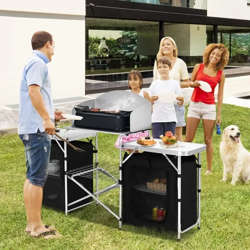 Folding Camping Kitchen Table with Storage, Aluminum Portable Outdoor Cooking Table with Windscreen, Foldable Camp