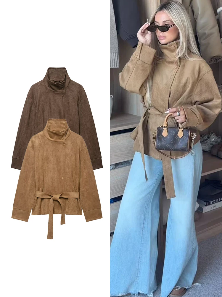Fashion Suede Lace Up Jackets For Women Elegant Stand Collar Belt Long Sleeve Loose Fit Coats 2026 Autumn Winter Lady Streetwear
