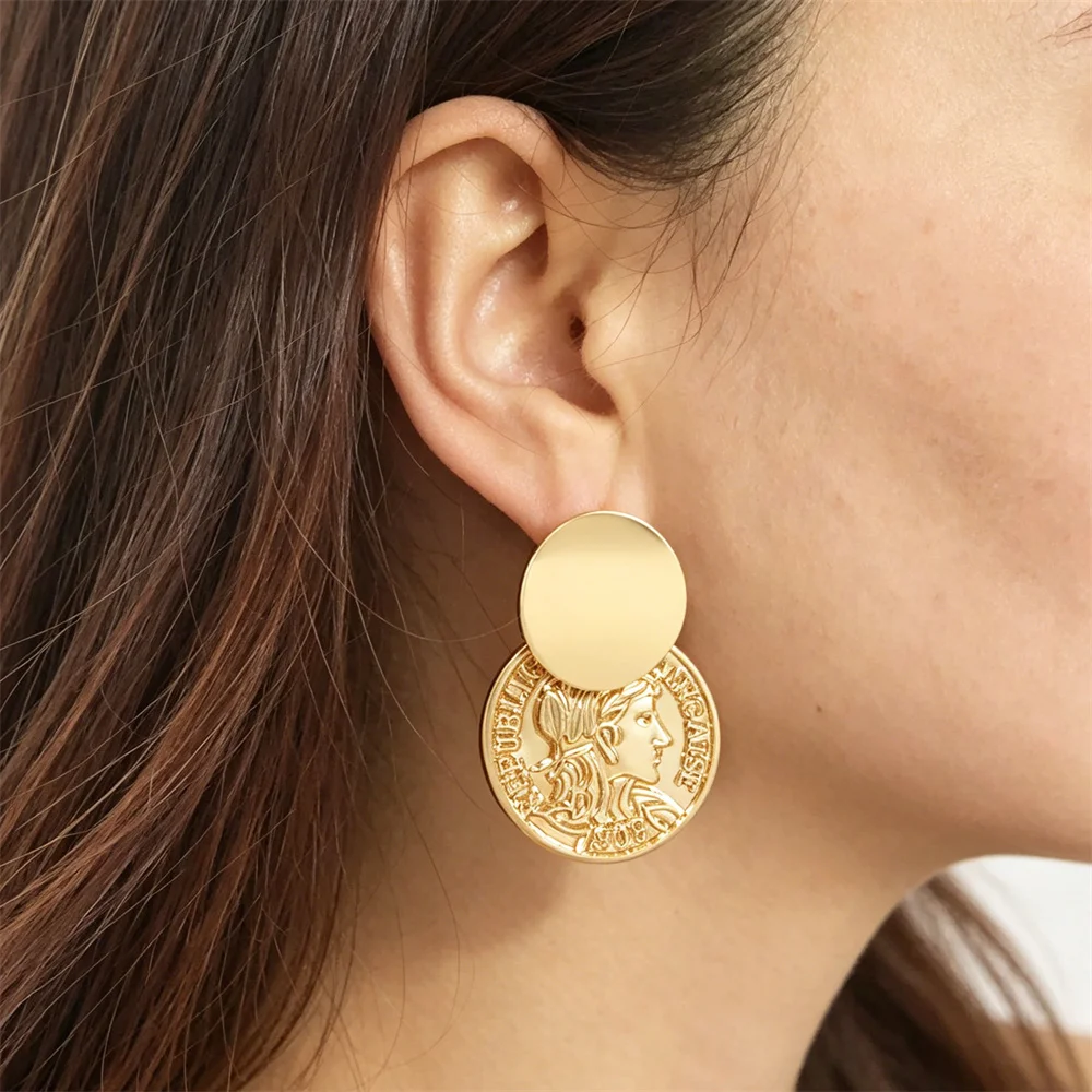 Pendientes Colgantes de Moneda Dorada Vintage para Mujer, Pendientes de Medallón de Doble Disco, Joyería de Moda Boho, Accesorio Diario para Fiesta