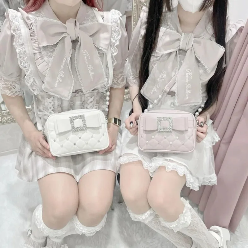 

Bows Japanese Shoulder Bag Girls Pearl Beading Strap Lolita Messeneger Bag Rhinestone Y2k Square Small Bag Kawaii Pink Bag Gifts