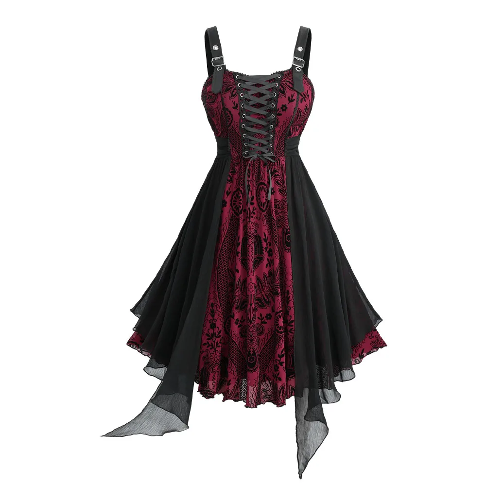 فساتين ROSEGAL مقاس كبير للسيدات عتيقة على الطراز القوطي فساتين متدلية على شكل زهرة وأربطة وتفاصيل غير متماثلة فستان بدون أكمام