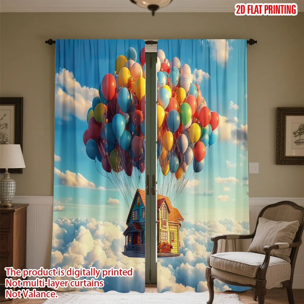 

2D flat printing 2pcs Party Window Curtains Floating House with Balloons Digital Printed Polyester Drapes Party Decorations Use
