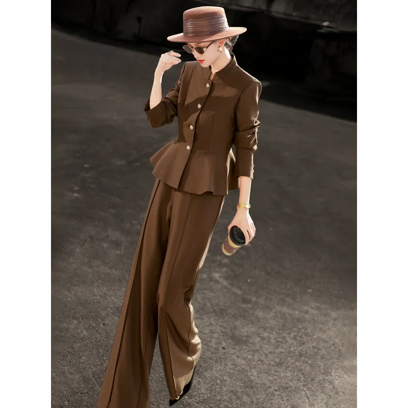MEXCOCO Women Spring Autumn Elegant Commuter Outfit, 2 Piece Suit Long Sleeve Ruffle Blazer and Wide Leg Trousers