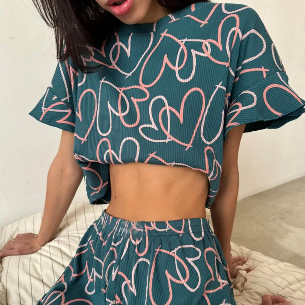 Women Pajama Set Heart Print O Neck Ruffle Short Sleeve T-shirt Elastic Waist Shorts Set Casual Loungewear Lady Sleepwear Set