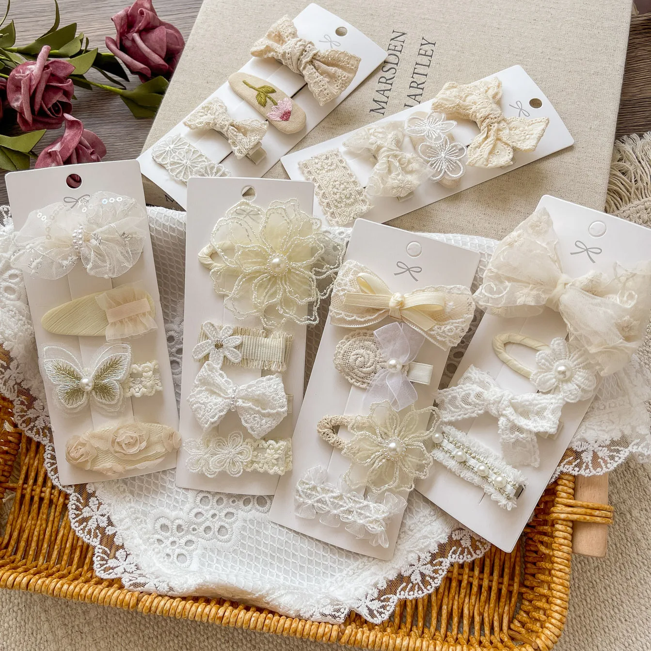 Hair Clip Vintage French Lace Faux Pearl Bow Kids Girls Ivory White Floral Trim Sweet Lightweight Daily Party Hair Accessory