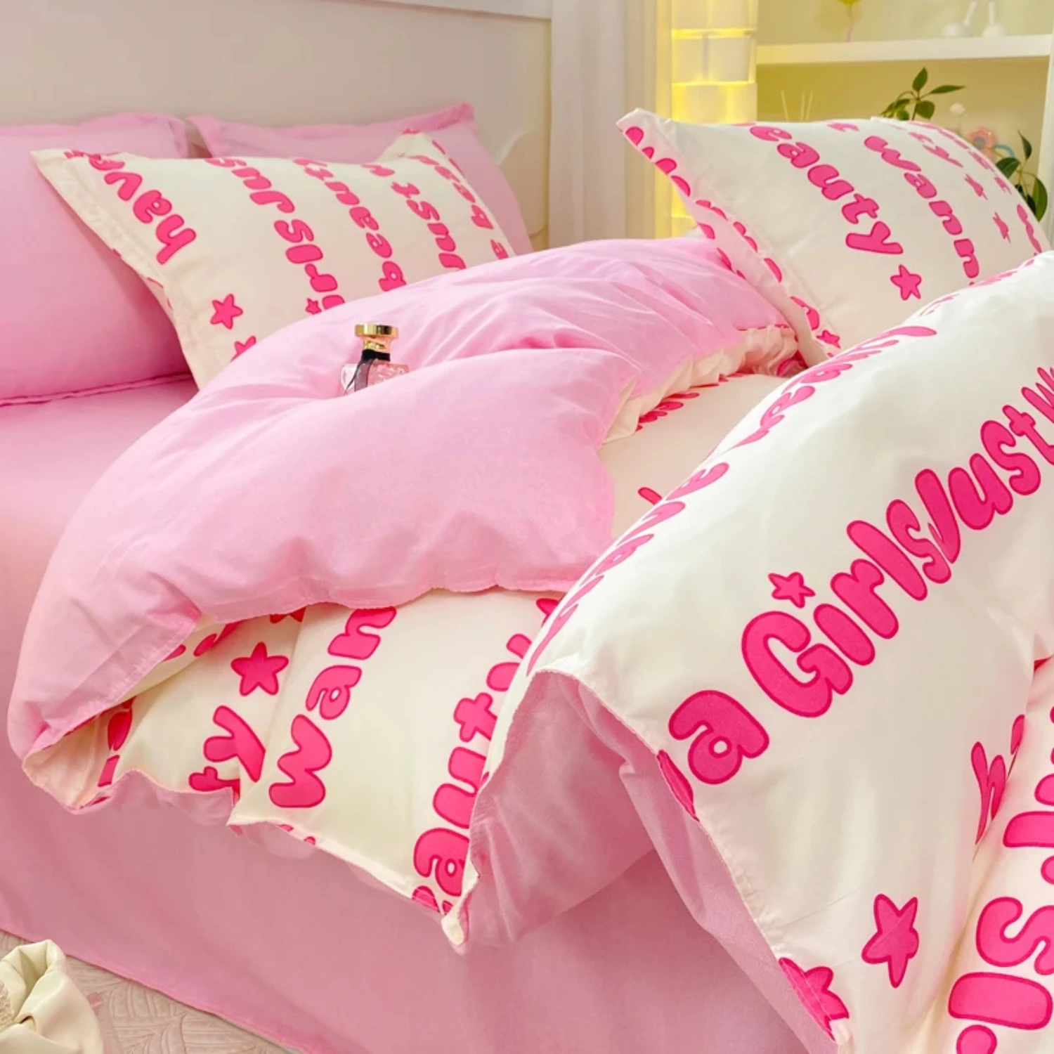 Korean Style Pink Letter Bedding Set Flat Bed Sheet Pillowcase Twin Full Queen Size Bed Linen Women Girls Duvet Cover  Filling