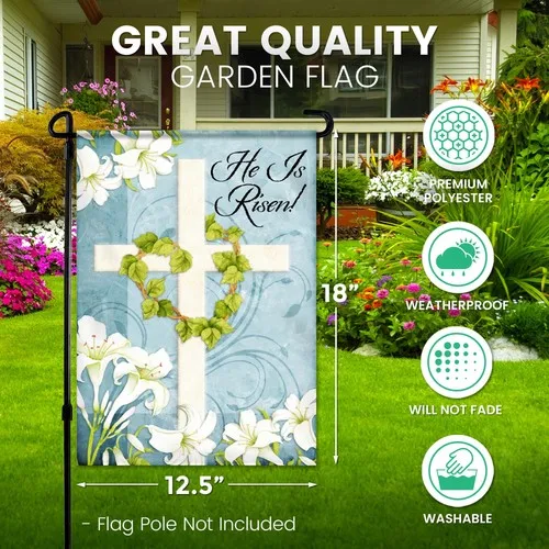 He is Risen Easter Cross Garden Flag - 12.5 x 18 Inch Easter Backyard Decorat... OOV IIC