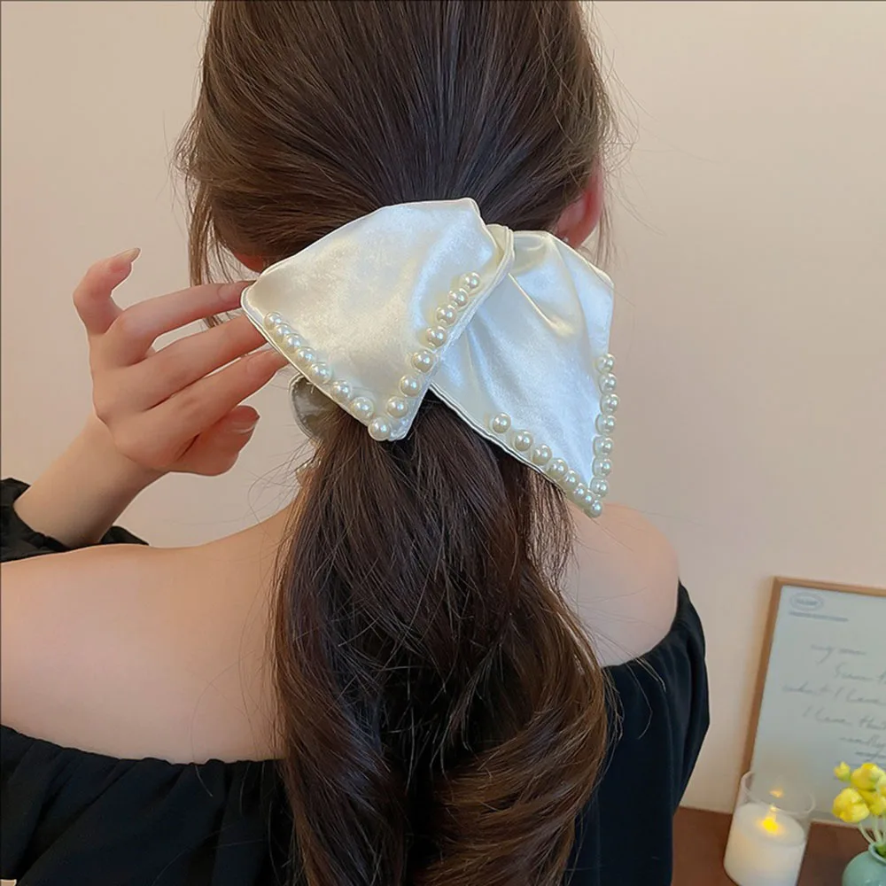 Ikat Rambut Persegi Mutiara Kain Elegan Prancis, Aksesoris Rambut Wanita Mewah dan Modis
