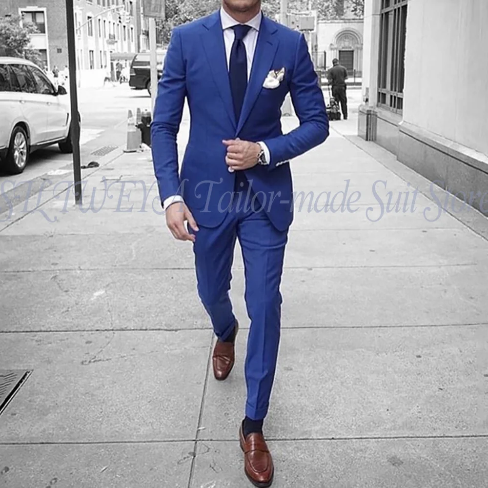 

Elegant Blue Men's Suit Single Breasted Slim Wedding Groom Tuxedos 2 Pieces Costumes Hommes Formal Male Blazer Set Jacket+Pants