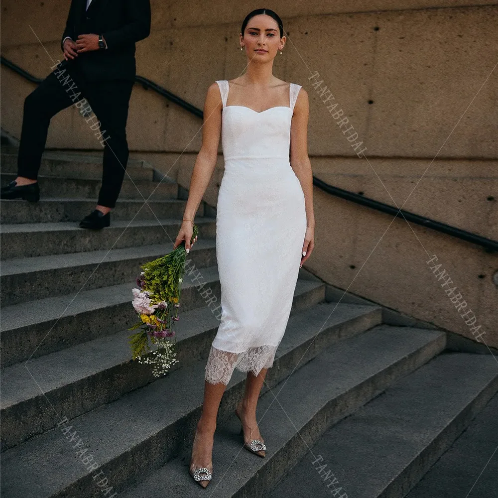 Vestido de novia elegante de encaje suave, escote corazón, sin mangas, longitud de té, sirena, tirantes finos, vestido de fiesta