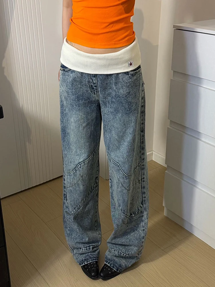 Retro American Design Loose Women's Jeans High Waist Cuffed Waistband Summer Lazy Loose Feeling Floor-Length Pants