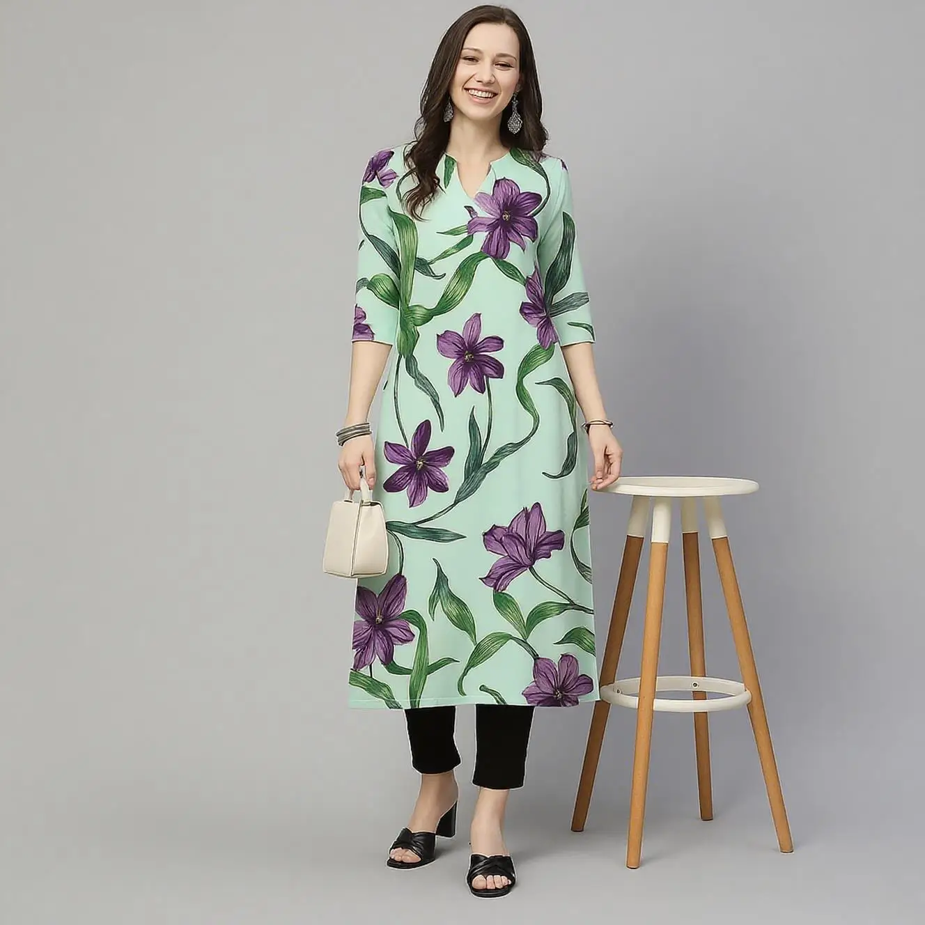 ムスリム女性ファッション 快適なドレス 長袖 ストレート チューブ カジュアル エスニック フラワー柄 ベスティドス ロング モロッコ カフタン ドレス