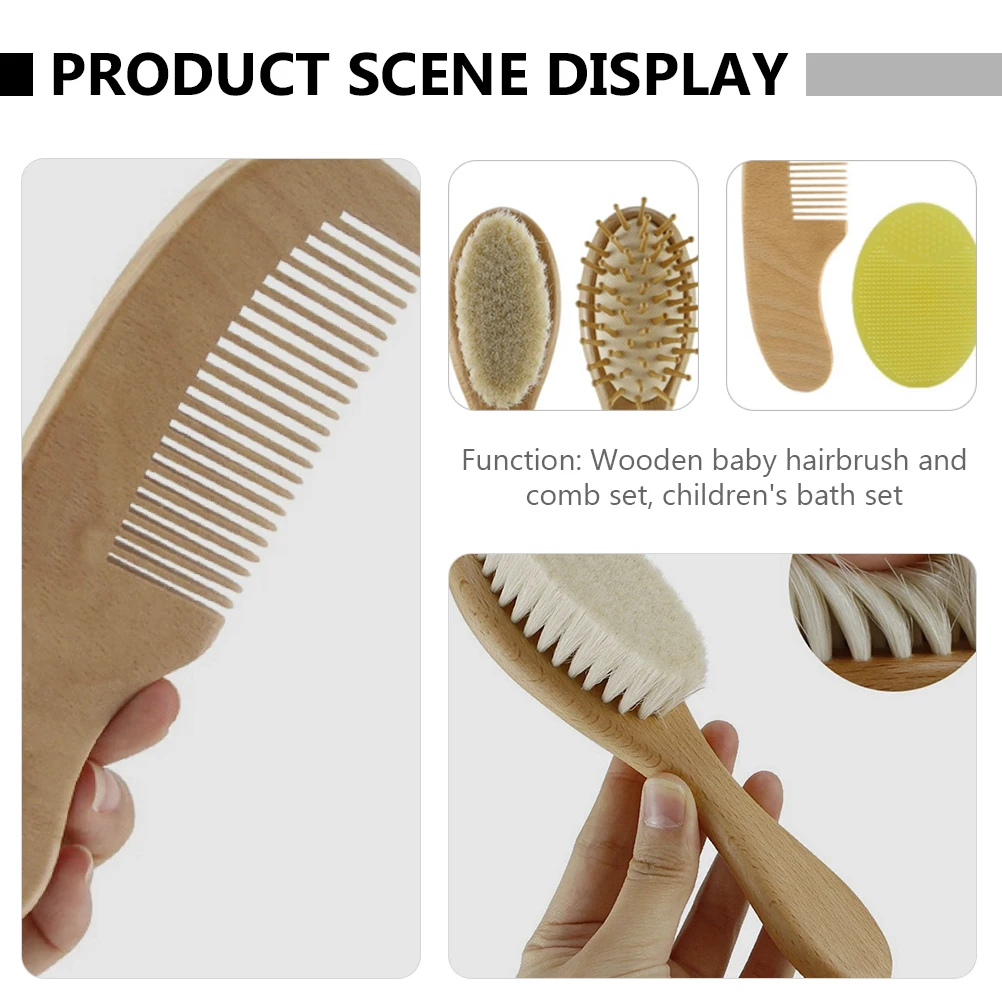 

4 pcs Baby Hairbrush Comb Set Wooden Bristle Bath Scrubber Cap Tools Massage Scalp Promote Circulation Travel Use