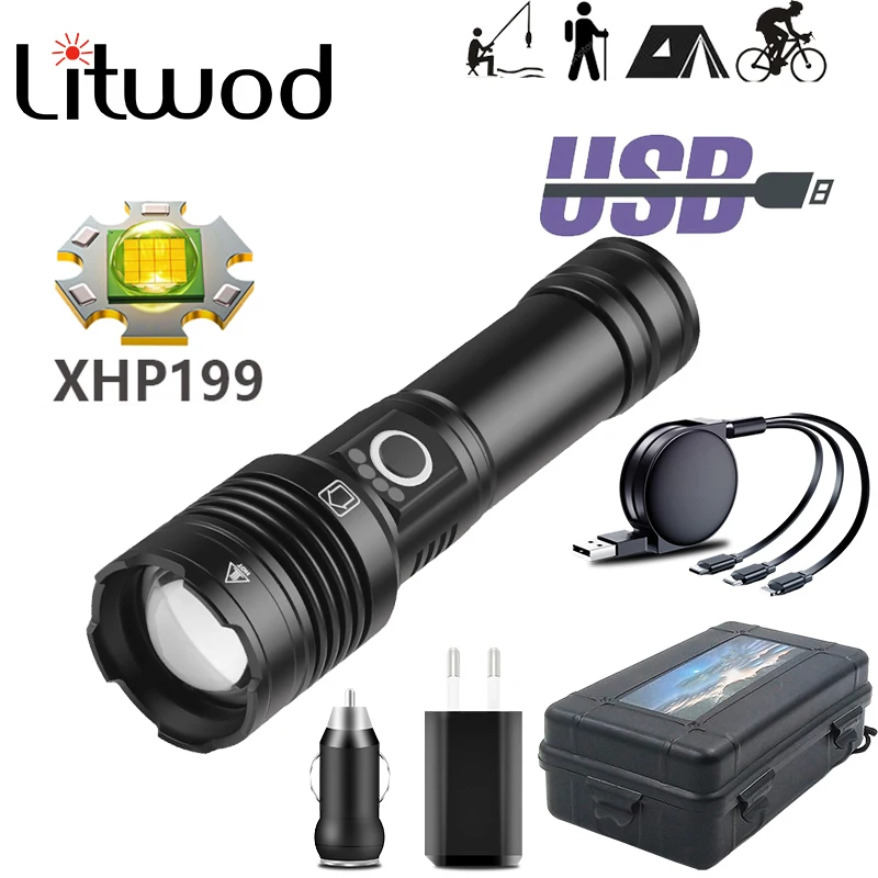 

Litwod Led Flashlight 18650 Battery XHP199 Super Bright 1000,000LM Usb Rechargeable Zoomable Hunting Torch Hiking Pesca Lantern