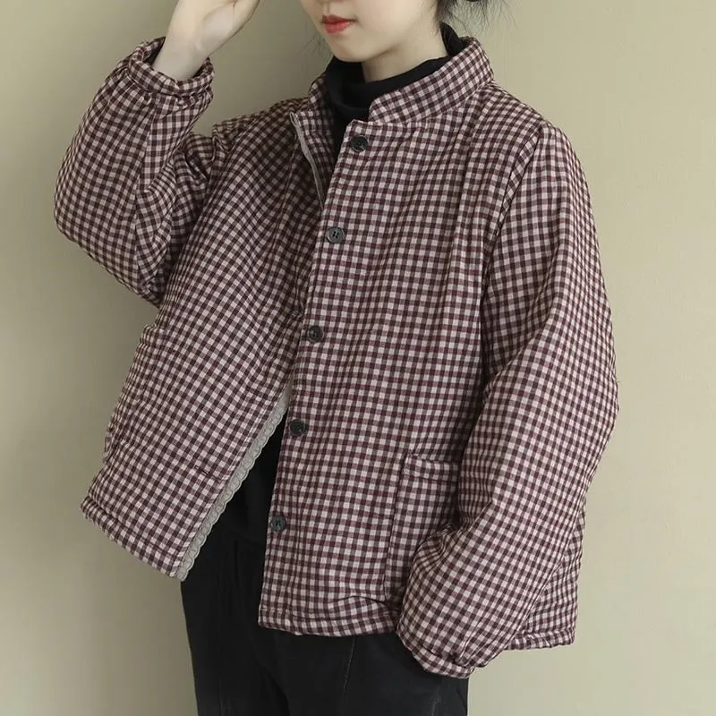 

plus Size Women's Thiened Warm Cotton Linen ort Jaet Loose Korean Sle Button up Coat for Autumn Winter Plaid Pattern