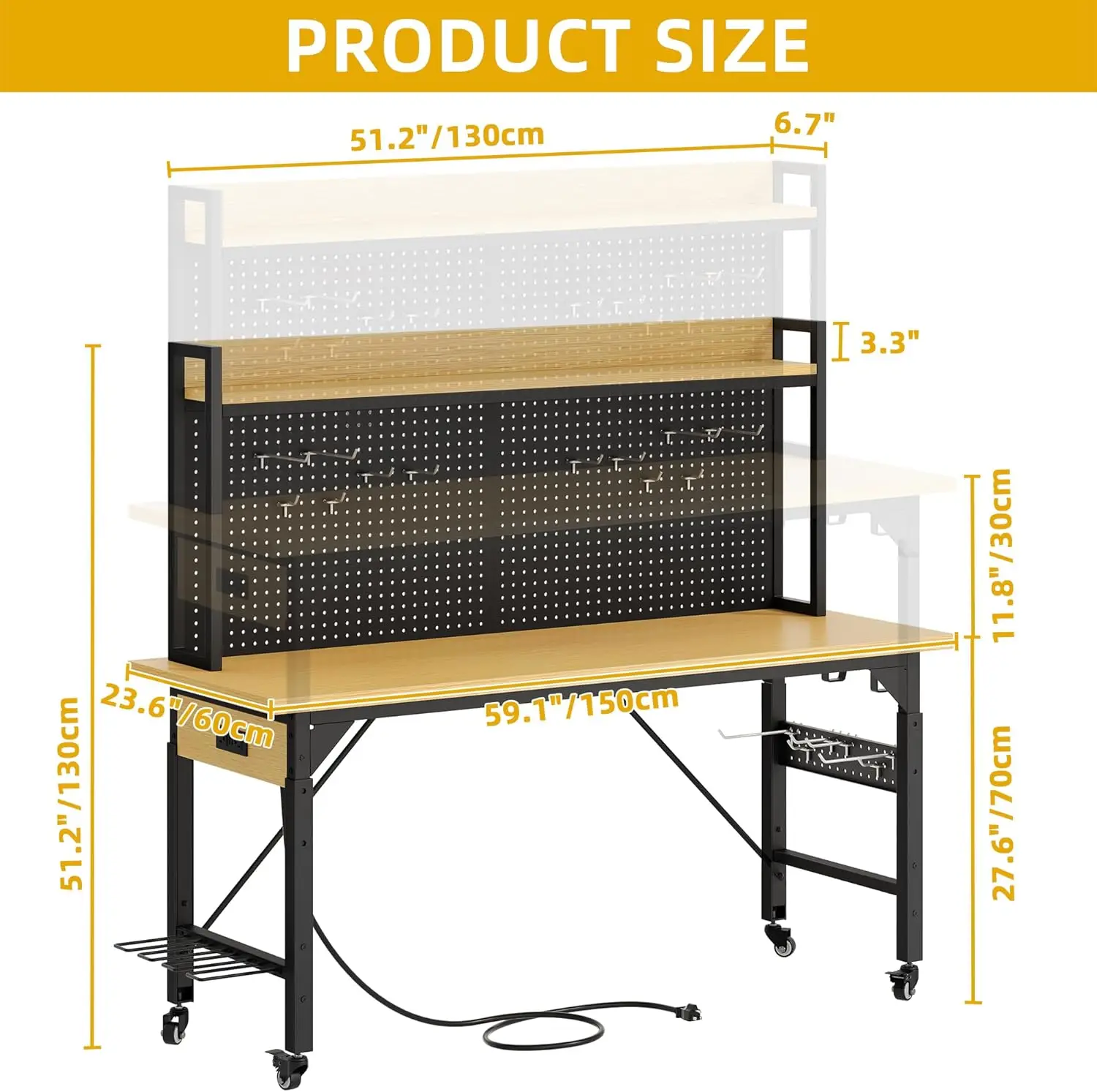 Banco de trabajo ajustable de 60" con tablero perforado, banco de trabajo superior de madera resistente con ruedas, capacidad de carga de 1600 libras, trabajo rodante