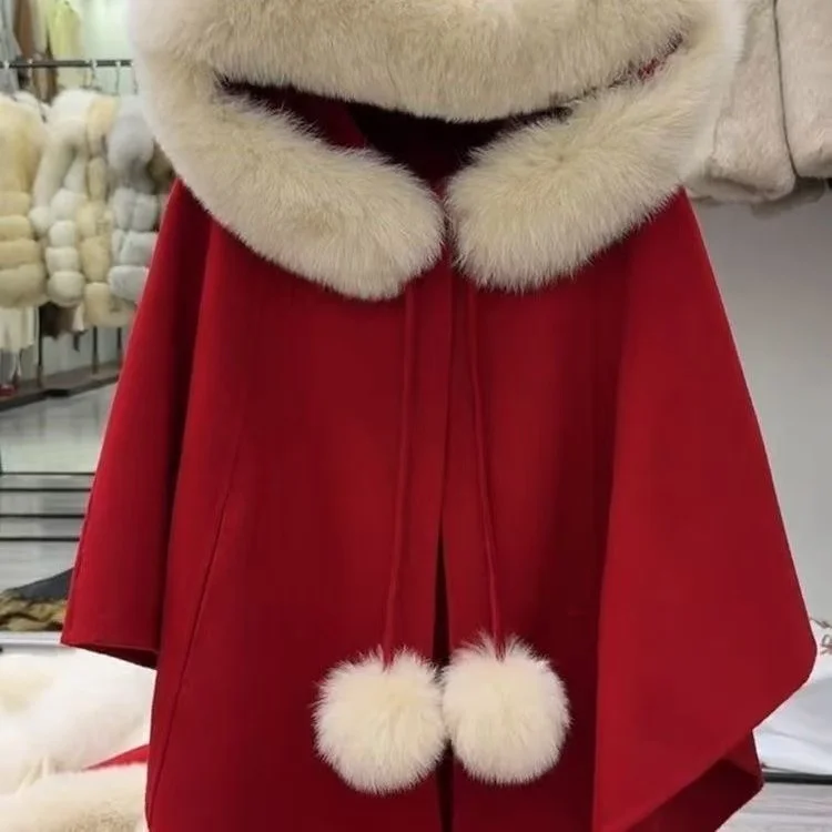 Lucky Christmas Red Hooded Cloak Women's Artificial Fur Woolen Shawl Autumn Winter Thicken Plush Collar Cape with Hat New Year