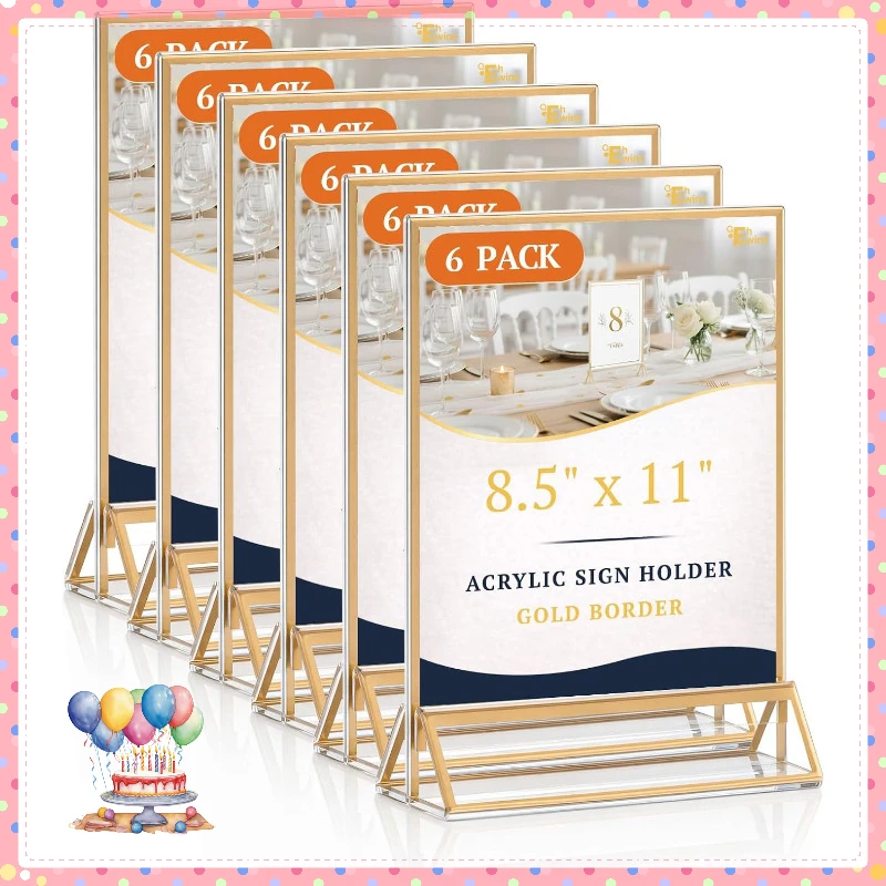 6 Pack 8.5*11 Inch Acrylic Sign Holders with Gold Frame, Vertical Freestanding Double Sided Table Menu Holders, Clear Acrylic Picture Frames for Wedding Table Numbers, Restaurant Signs, Photos, Artwork and Event Display