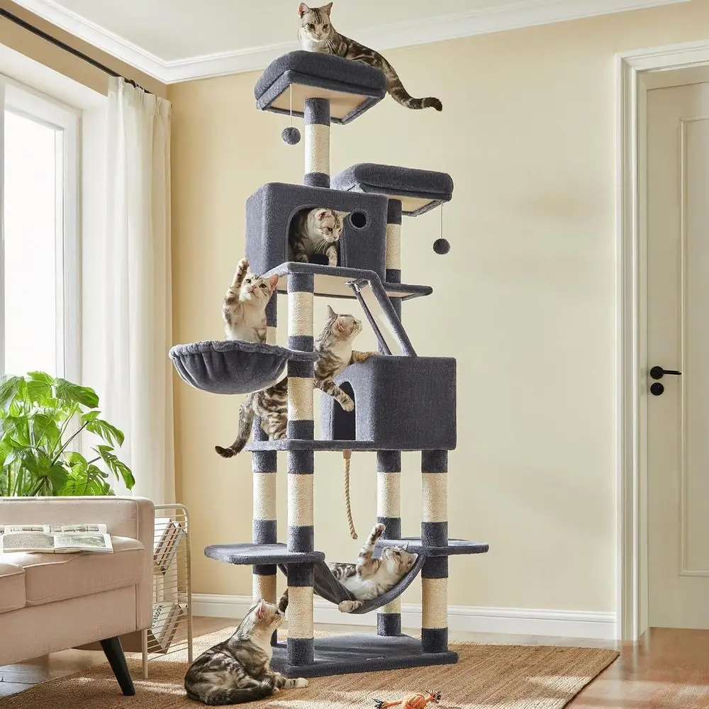 

Игровая башня для кошек 81.1 Grand Feline с 13 столбиками для царапания, 2 лежанками, 2 пещерами, плюшевым домиком, корзиной, гамаком, помпонами, дымчато-серого цвета