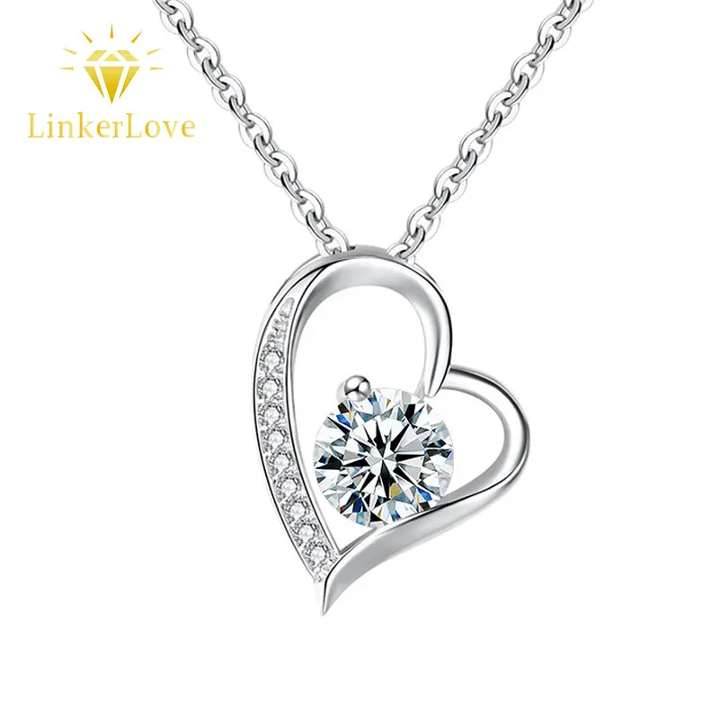 

LinkerLove 925 Silver 0.5CT Moissanite Heart Pendant Necklace for Women Clavicle Chain Bridal Wedding Anniversary Jewelry Gift