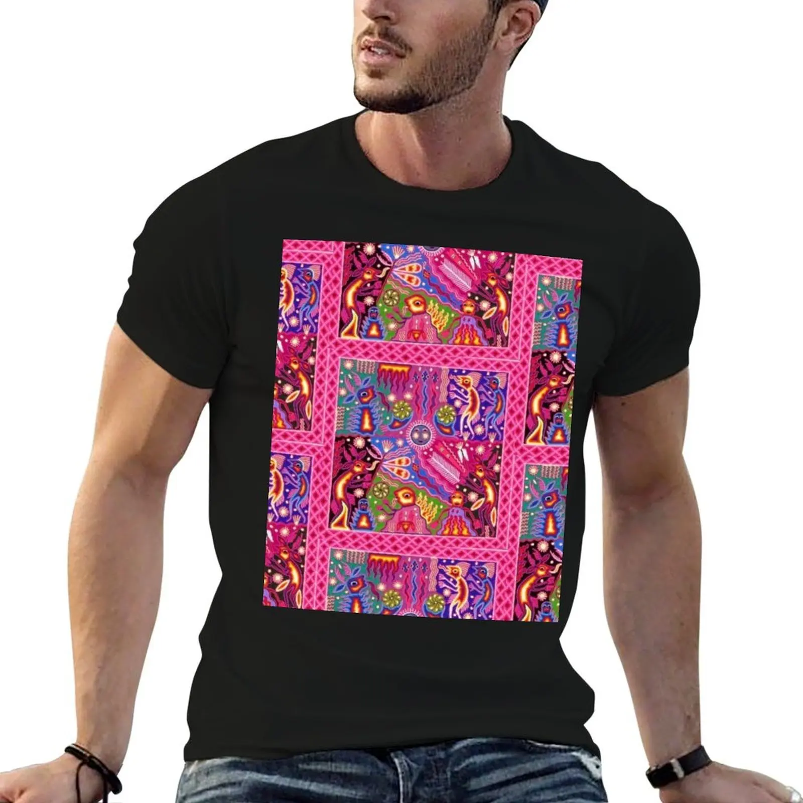 

Pink Huichol style print T-Shirt anime t shirts for man cotton tshirt 100% T-Shirt