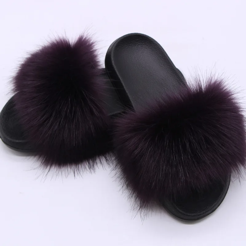 Damen Kunstfell-Slipper Flauschige Offene Pantoffeln für Drinnen und Draußen Lässige Flache Sandalen Luxuriöse Pelzige Slides für Damen – Detail 10