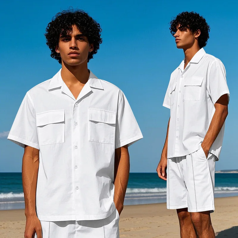 

Американская тонкая роскошная дышащая рабочая одежда, стильная мужская гавайская рубашка с короткими рукавами и шорты, летний тонкий свободный повседневный комплект