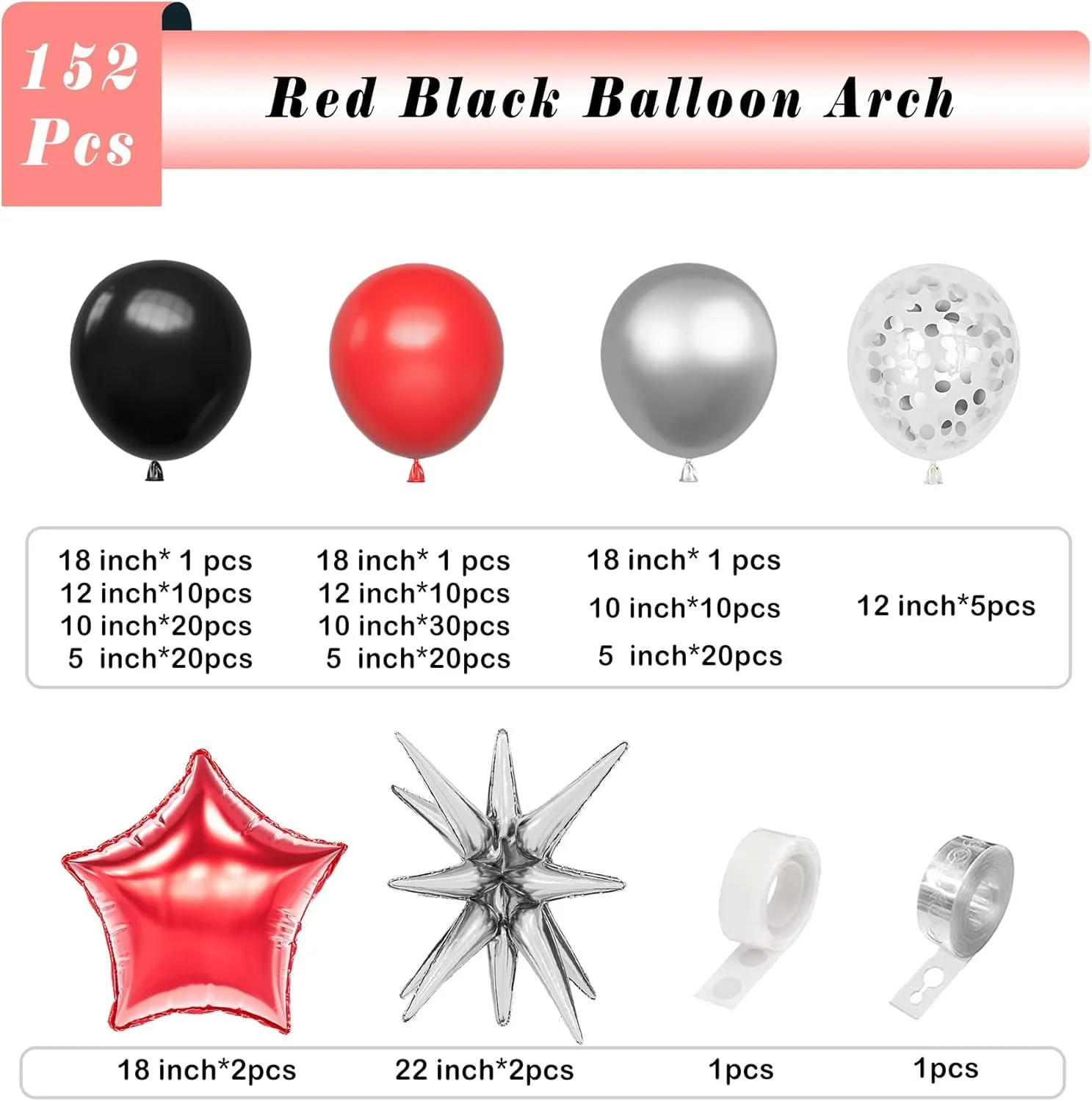 152Pcs Red Black Balloons Arch Garland Kit-Metallic Silver Balloons for Wedding Engagement Birthday Baby Shower Party Decoration