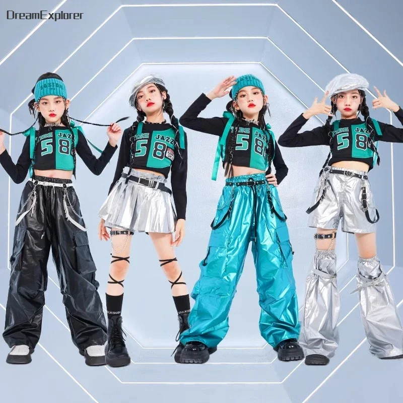 

Короткий топ для девочек K-pop, блестящие брюки-карго, уличная танцевальная Серебристая юбка в стиле хип-хоп, Детская модель, костюм для джаза, комплекты одежды