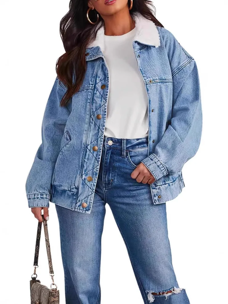 

Женское зимнее теплое повседневное свободное джинсовое пальто на подкладке с меховым воротником и отложным воротником на пуговицах