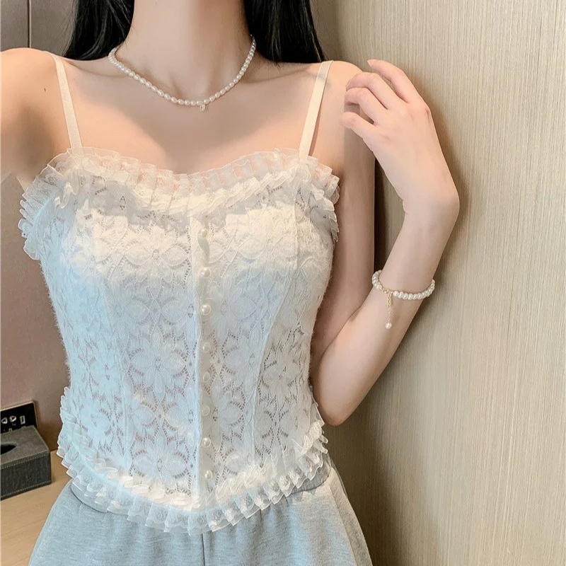 Underwear Lace Pattern Small Sling Vest with Chest Pad Beauty Back Inner Wear Pleated Pearl Sexy Outerwear Bottoming Tube Top To