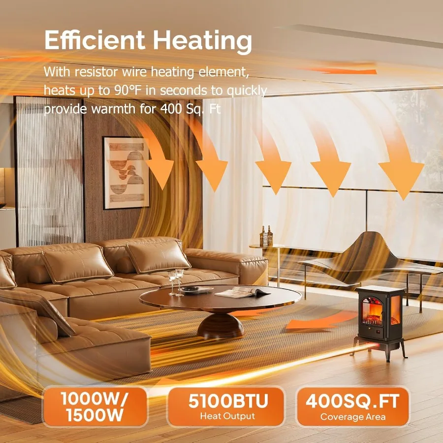 سخان مدفأة كهربائي 22.4 ساعة مع قوة 1500 وات، تأثير لهب ثلاثي الأبعاد، وظيفة مؤقت التحكم عن بعد، إعدادات درجة الحرارة القابلة للتعديل