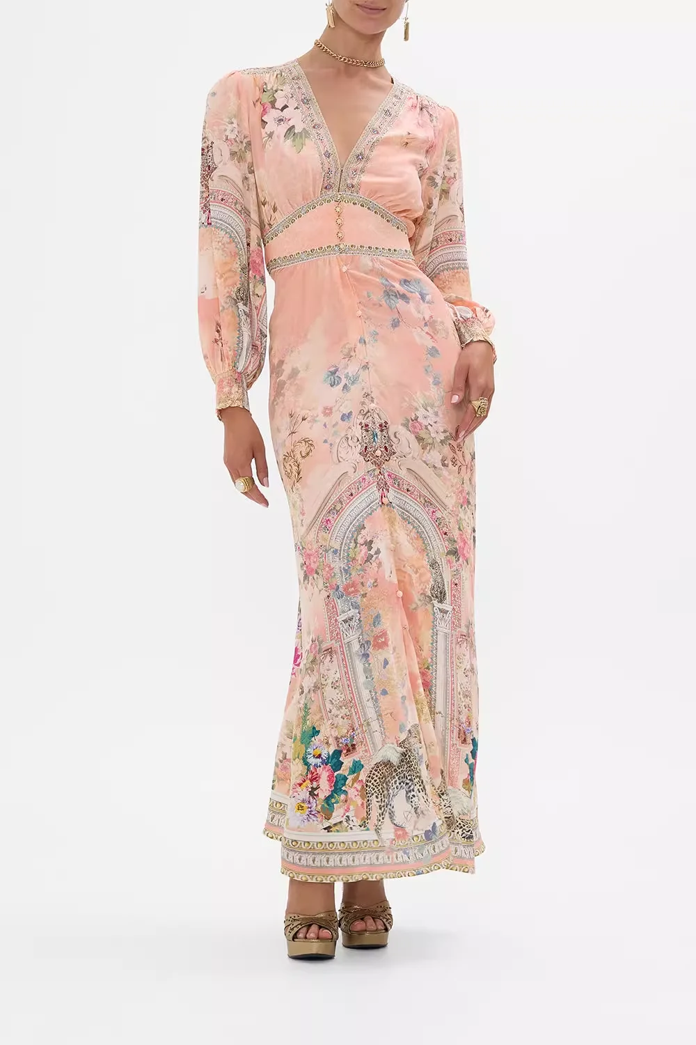Robe Maxi pour femmes, imprimé floral rose, perles lourdes, col en v, taille haute, manches longues, élégante, 100% soie