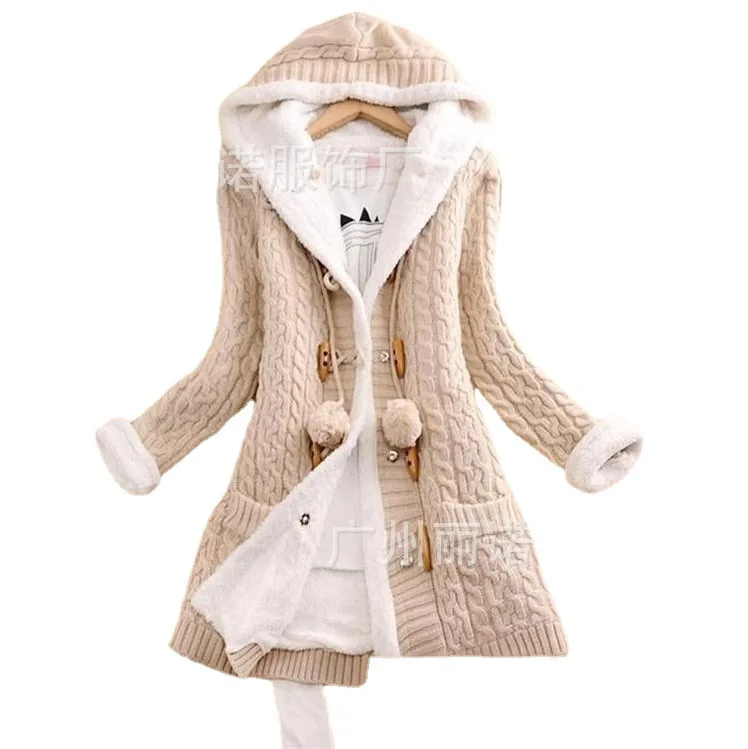 Women Casual Knit Ox Horn Button Coat Long Sleeve Sweater Cashmere Thick Warm Hooded Cardigan Coat Solid Comfy Knitwear Coat