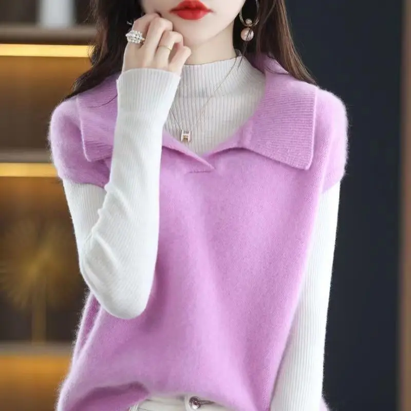 Stylish Turn-down Collar Spliced Sweater Vest Casual Sleeveless Autumn Winter Female Clothing Solid Color Korean Loose Jumpers