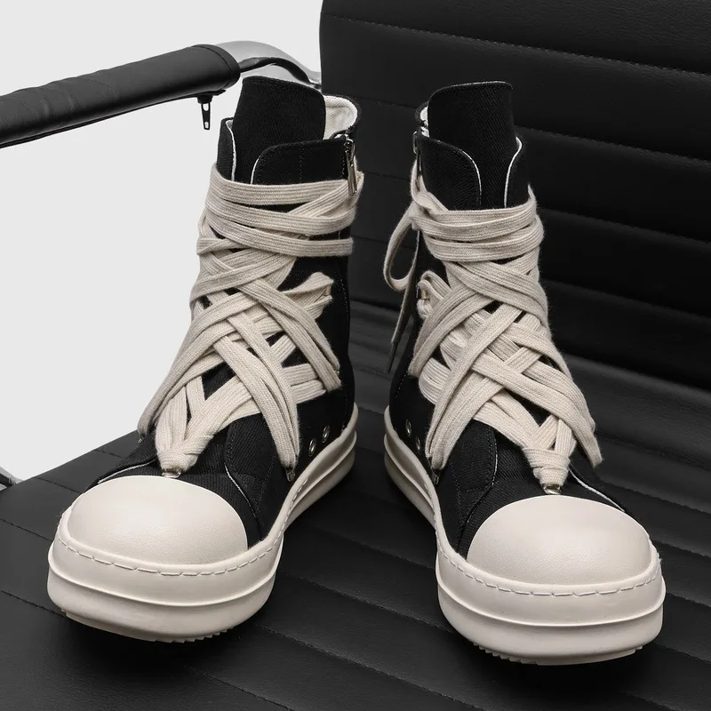 High Quality Men's High Top Canvas Sneakers Cross Laces Thick Sole Black Casual Shoes Streetwear Punk Footwear Trend Men's Boots