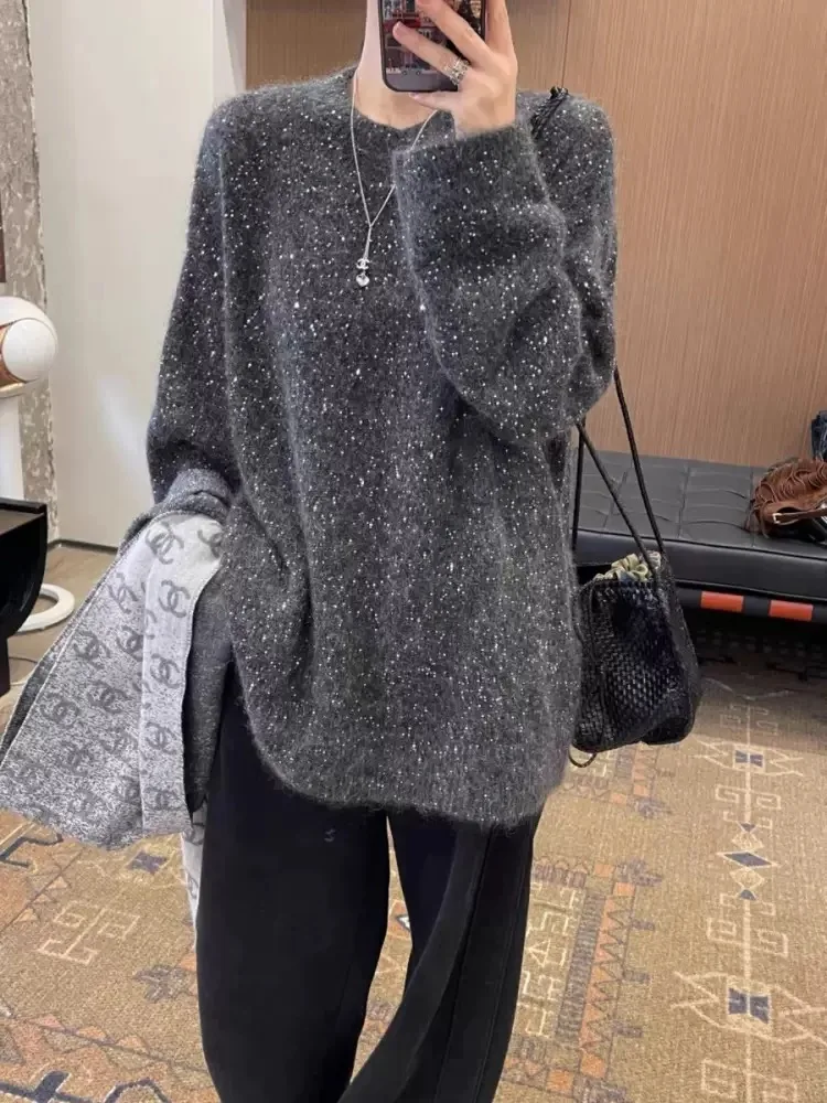 

Утепленный шерстяной свитер женский свободного кроя, длинный вязаный топ, теплый модный осенне-зимний свитер в корейском стиле с круглым вырезом